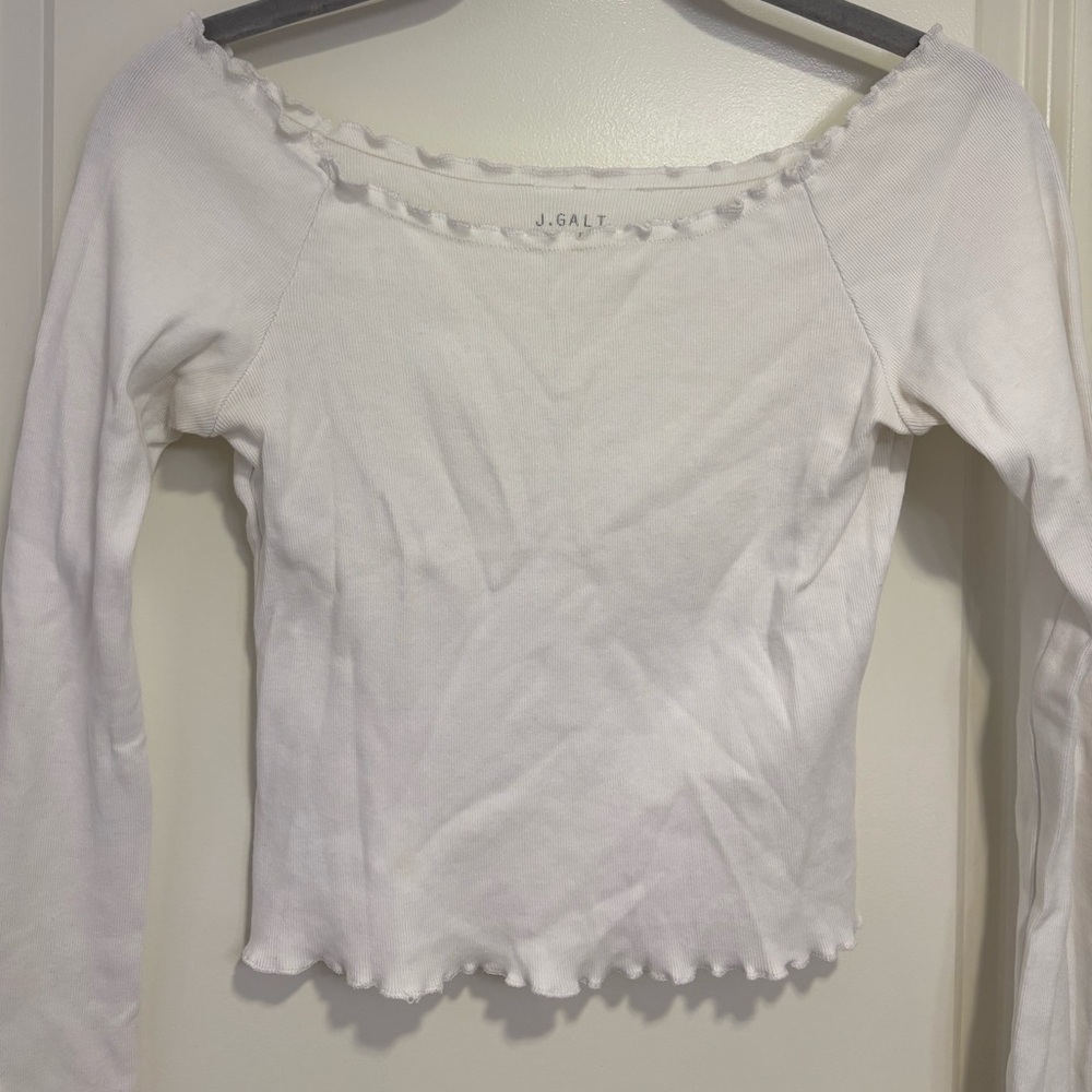 Brandy Melville John Galt White Lettuce Edge Off Shoulder Top